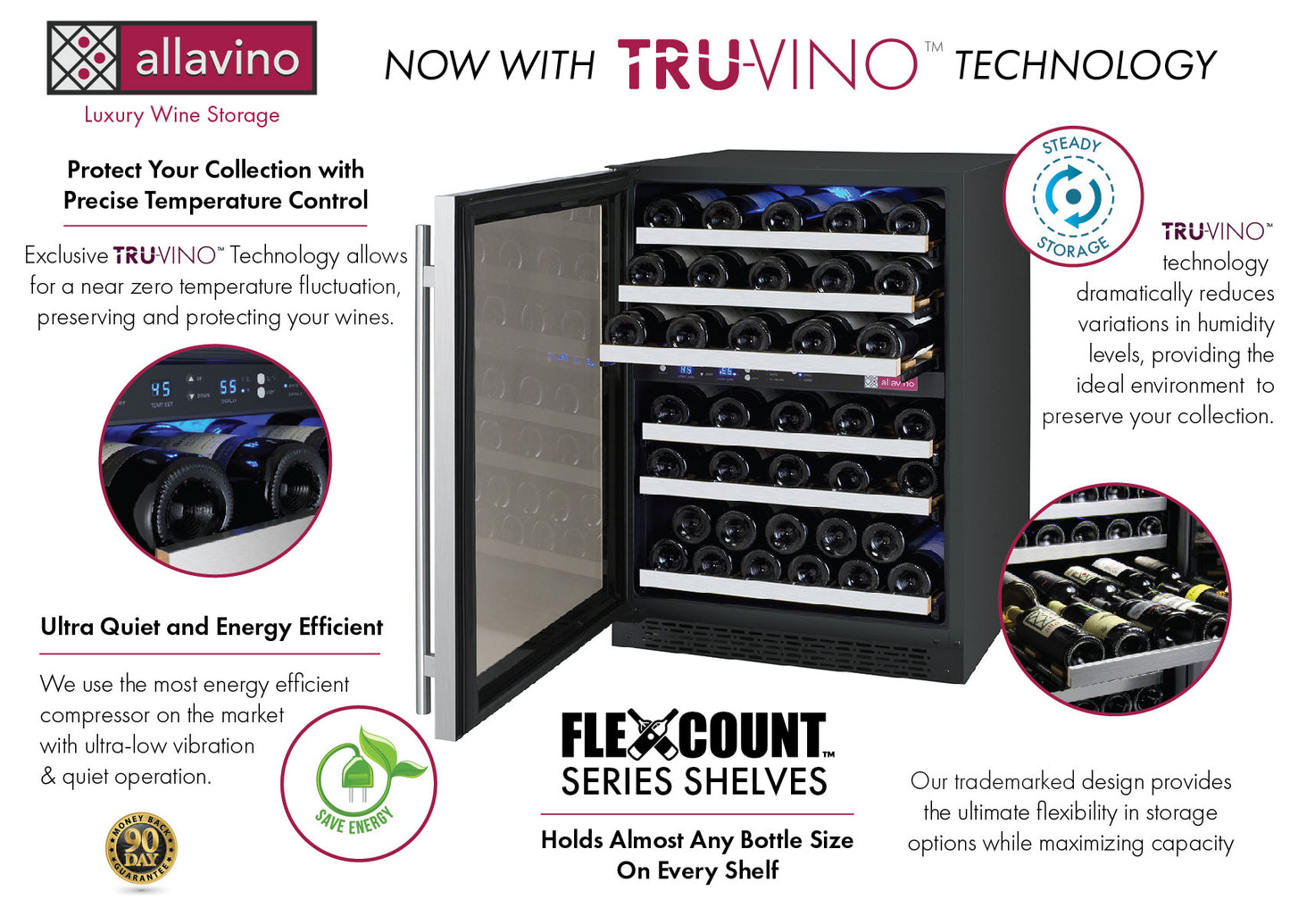 Allavino FlexCount Series 56 Bottle Dual Zone Built-in Wine Refrigerator Cooler with Stainless Steel - Left Hinge