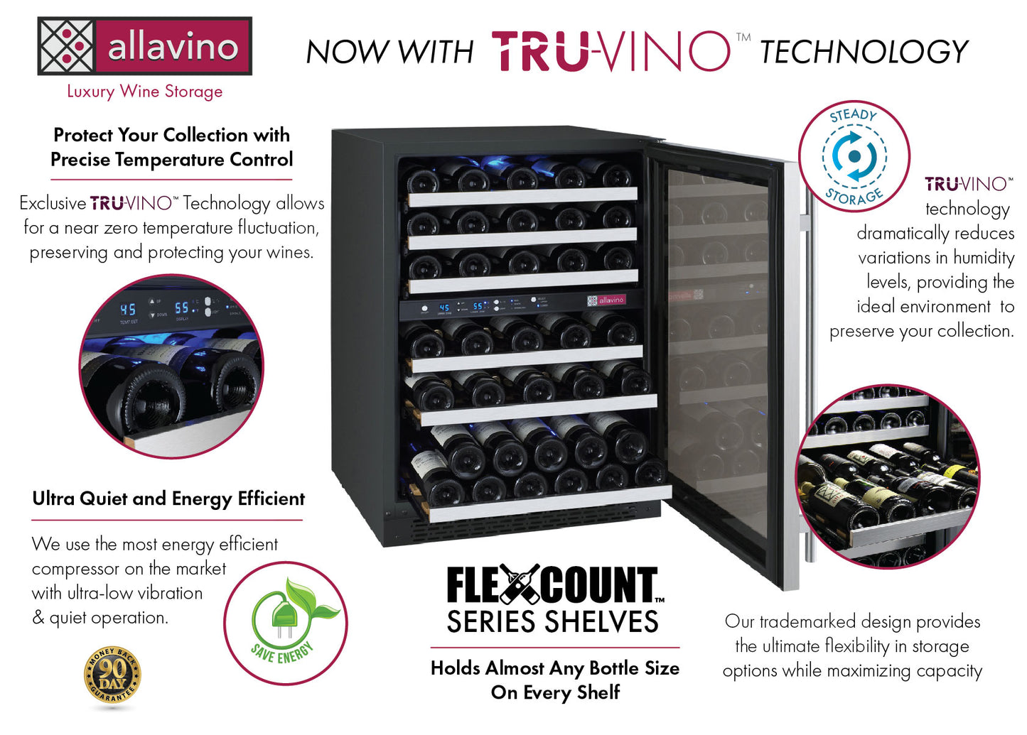 Allavino FlexCount Series 56 Bottle Dual Zone Built-in Wine Refrigerator Cooler with Stainless Steel - Right Hinge