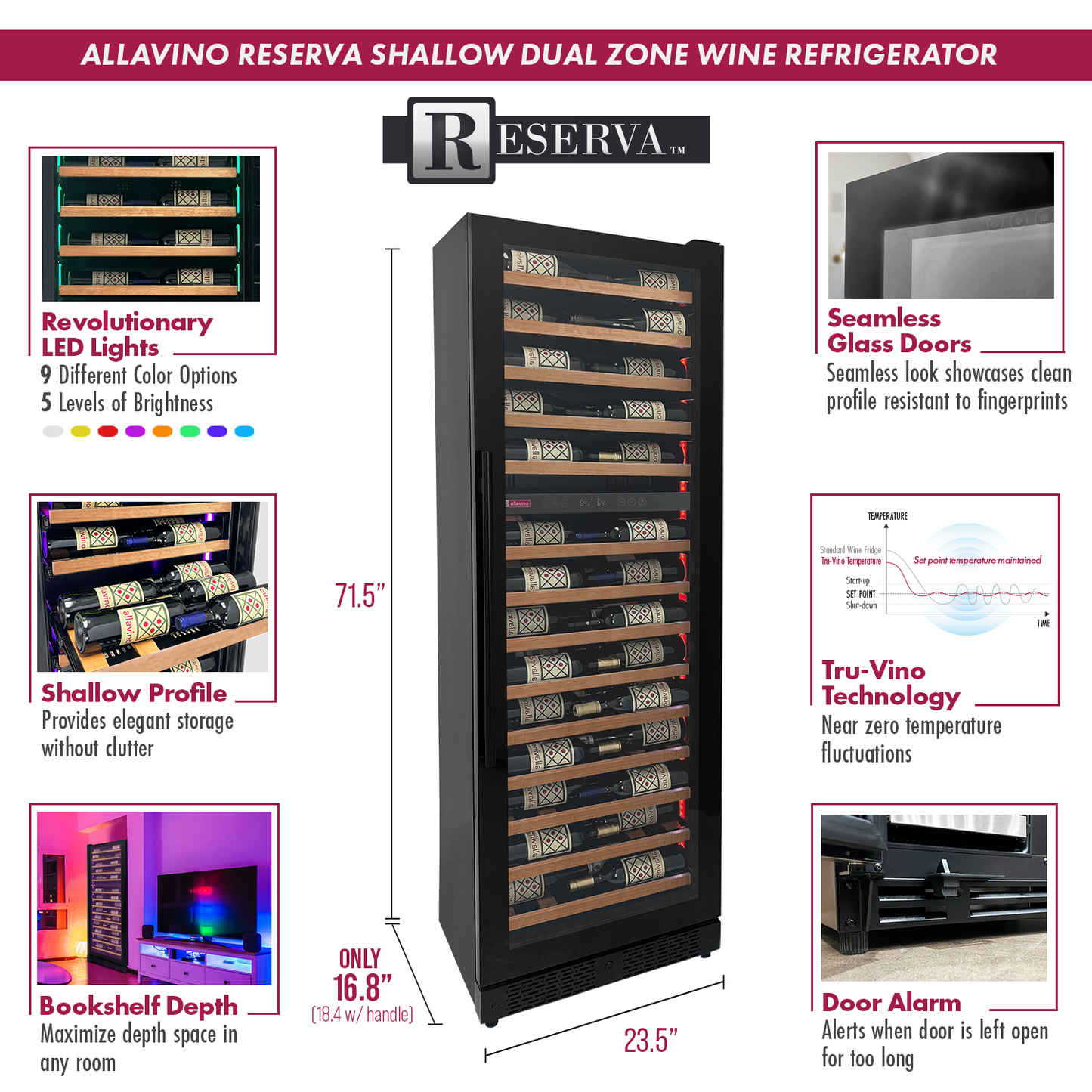 Allavino Reserva Series 67 Bottle 71" Tall Dual Zone Right  Hinge Black Shallow Wine Refrigerator with Wood Front Shelves
