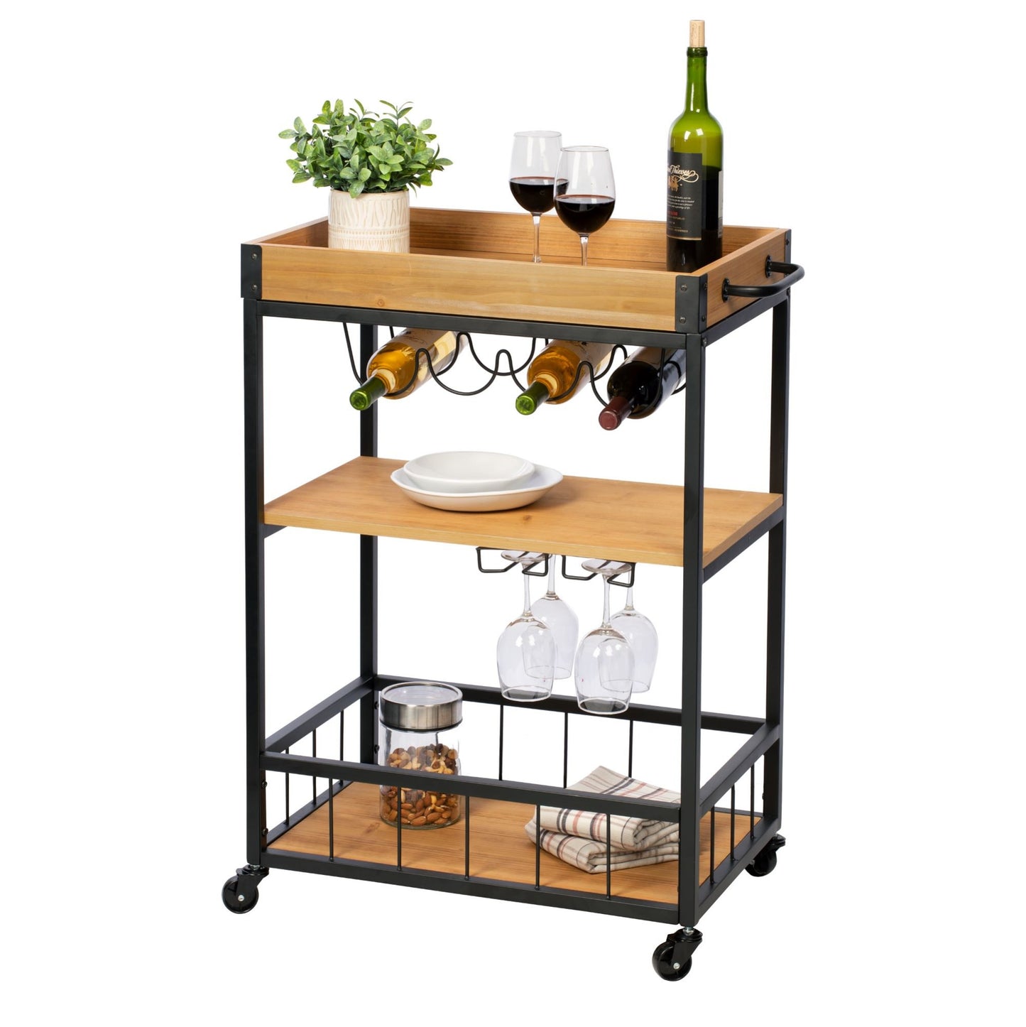 Industrial Rolling Bar Cart with Removable ServiceTray