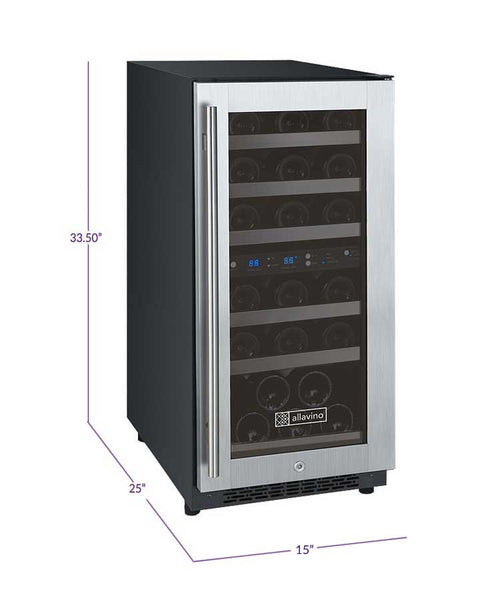 Allavino 15 Wide FlexCount II Tru-Vino 30 Bottle Dual Zone Stainless Steel Right Hinge Wine Refrigerator