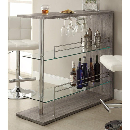 Radiant Rectangular Bar Table With 2 Shelves And Wine Holder, Gray