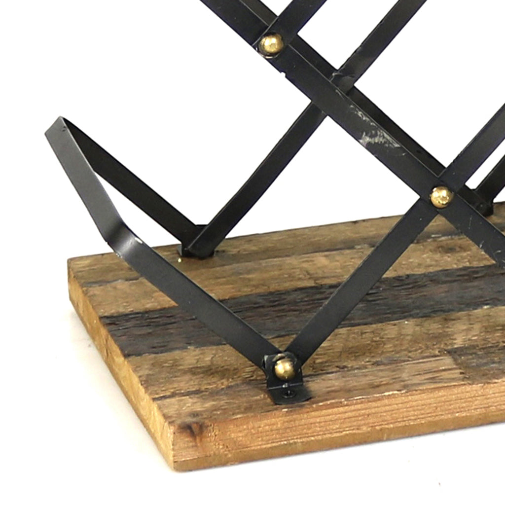 Industrial Style Criss Cross Wine Rack With Wooden Base, Black And Brown