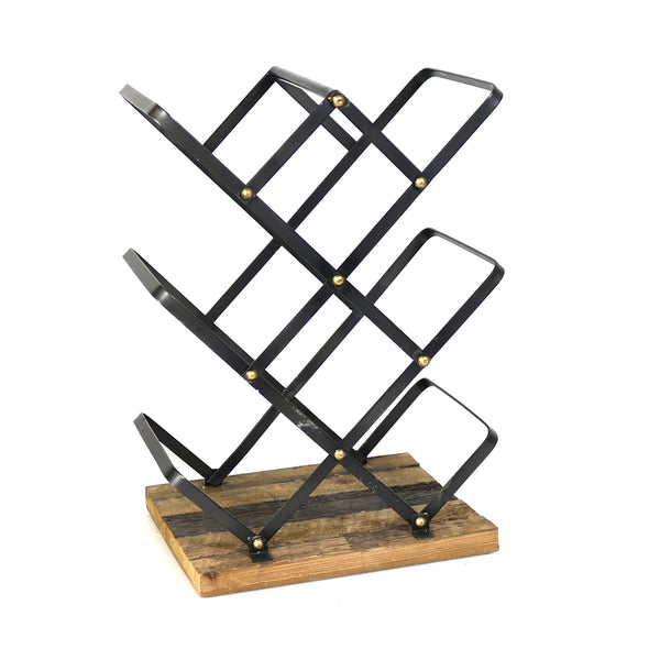 Industrial Style Criss Cross Wine Rack With Wooden Base, Black And Brown