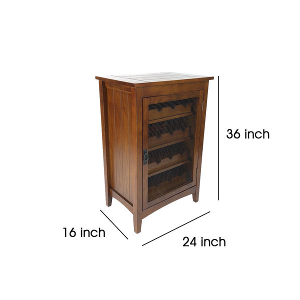 Wooden Wine Cabinet With 1 Wire Mesh Door And 4 Shelves, Brown