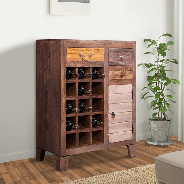 35 Inch 3 Drawer Mango Wood 15 Bottle Wine Accent Cabinet With 1 Door Storage, Brown